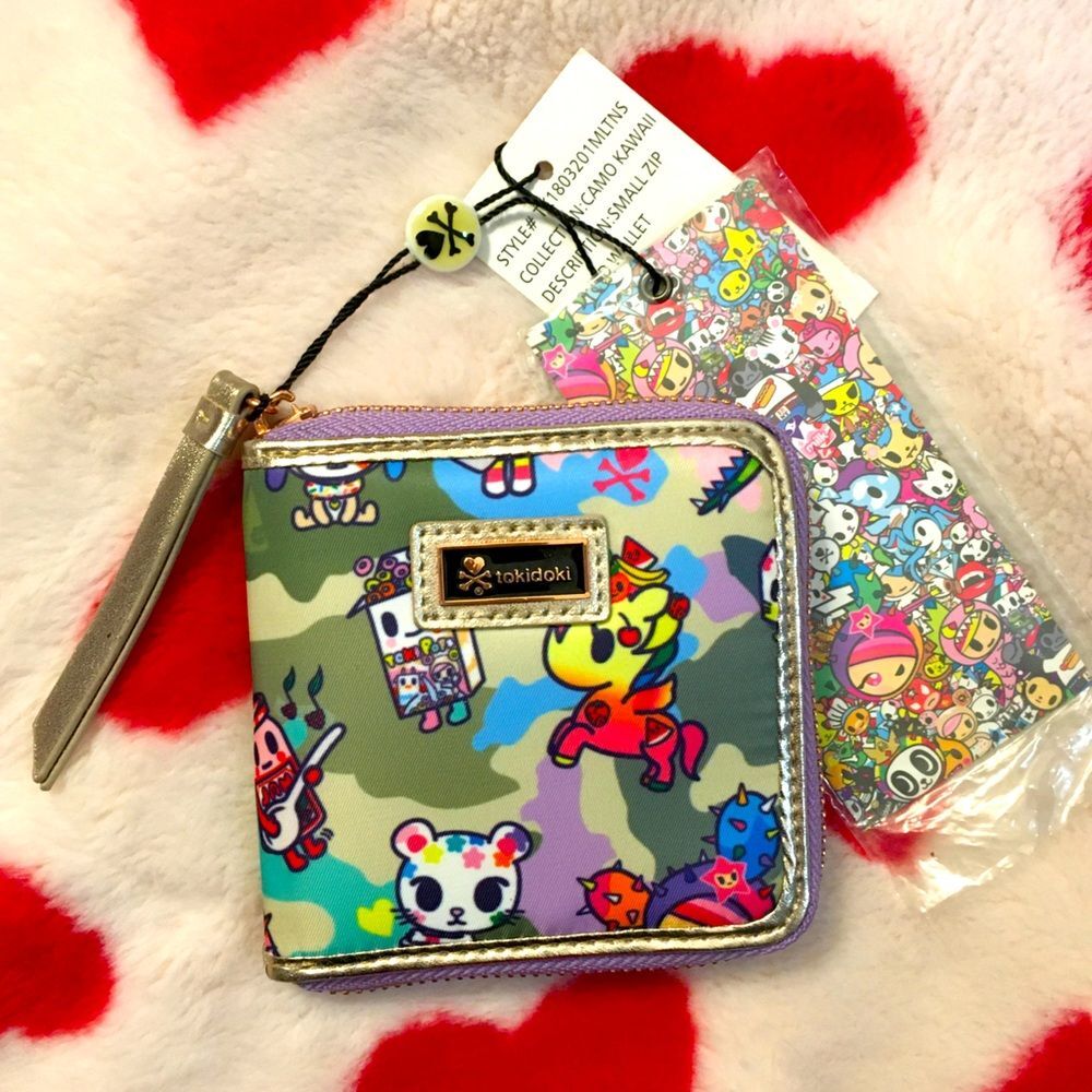 Tokidoki RARE Small Wallet Green Camo Print Unicorns Donuts Milk Zip NEW